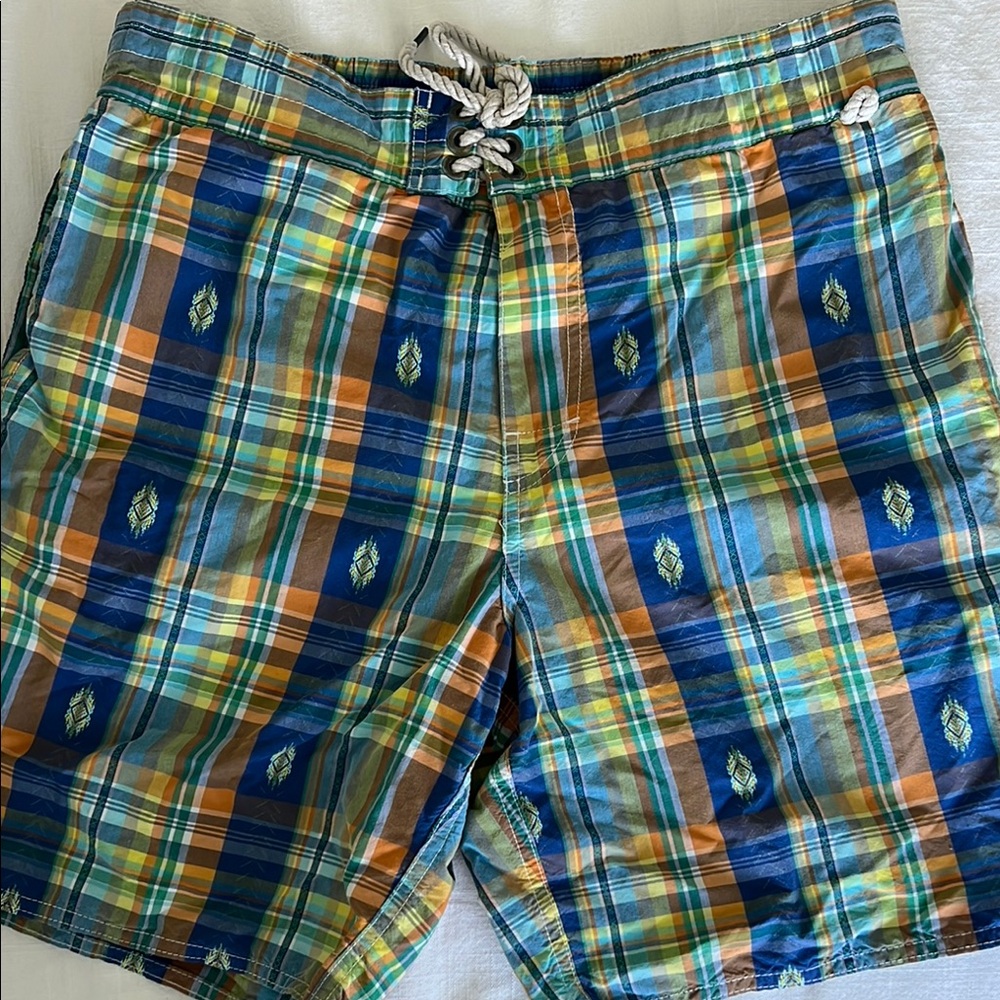 Men's Polo Plaid Swim Shorts - Blue and Orange Size Large